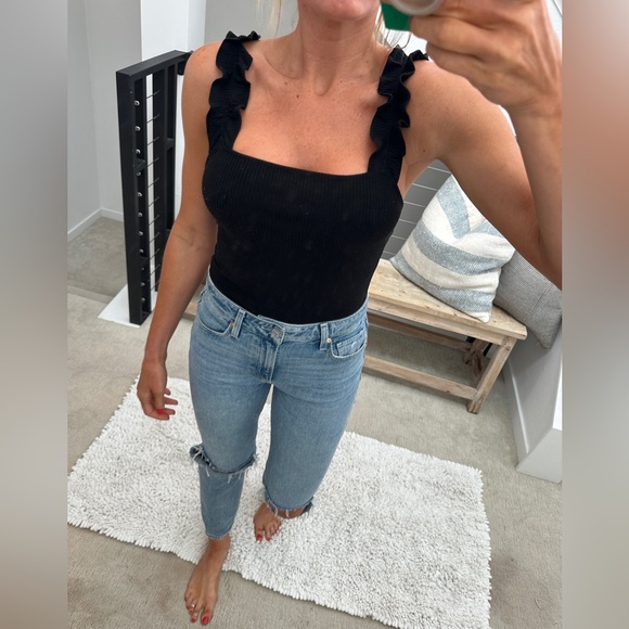 Elodie black ruffle strap ribbed bodysuit casual summer vacation business M - Picture 3 of 11